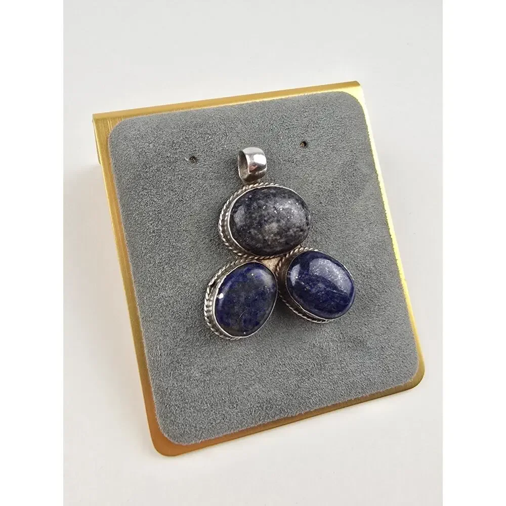 Vintage 3-Stone Lapis Lazuli Sterling silver rope edge Necklace pendant signed